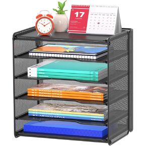Samstar Mesh Desk Organizer, Paper Letter Tray with 5 Tier Racks Shelves,1 Extra Vertical File Sorter and Pen Holders for Office Supplies,Black