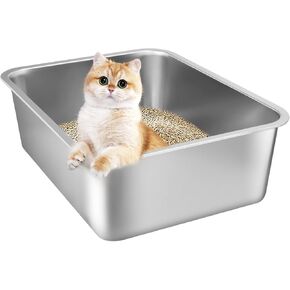 Stainless Steel Cat Litter Box,Metal High Sided Cat Litter Pan,Non-Sticky,Smooth Surface,Odorless,Easy to Clean,Rustproof for Cats and Rabbits(17.5" L x 13.5" W x 6" H) in Kuwait
