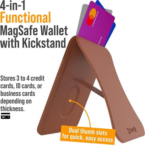 محفظة Scooch MagSafe للرجال والنساء [MagWallet] لهاتف iPhone مع حامل الهاتف وقبضة الهاتف [متوافقة مع حامل السيارة] محفظة مخفية تحمل من 3 إلى 4 بطاقات، حامل بطاقات MagSafe 5 في 1 (بني) in Saudi Arabia