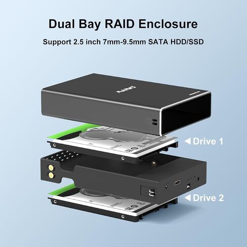 حاوية محرك الأقراص الصلبة MAIWO Dual Bay RAID لمحرك الأقراص الصلبة SATA SSD مقاس 2.5 بوصة، RAID 0/RAID 1/JBOD/PM، USB 3.1 GEN 2 10 جيجابت في الثانية مع UASP، سعة 16 تيرابايت، محرك أقراص HDD خارجي من الألومنيوم in Kuwait