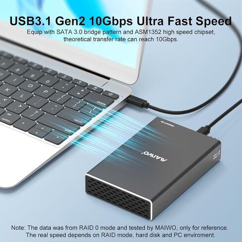 حاوية محرك الأقراص الصلبة MAIWO Dual Bay RAID لمحرك الأقراص الصلبة SATA SSD مقاس 2.5 بوصة، RAID 0/RAID 1/JBOD/PM، USB 3.1 GEN 2 10 جيجابت في الثانية مع UASP، سعة 16 تيرابايت، محرك أقراص HDD خارجي من الألومنيوم in Kuwait