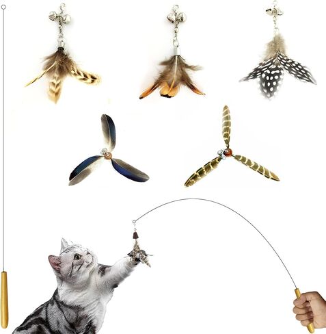 Cat Wand Toy for Indoor Cats, 32'' Flexible Steel Wire 5PCS Feather Cat Toys with Sturdy Wood Handle Replaceable Rotating Feather Cat String Kitten Toy (32'' Steel Wire + 5PCS Feather) in Saudi Arabia