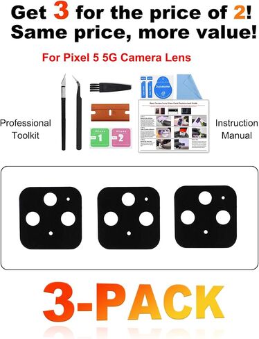 3 Pack for Pixel 5 Back Rear Camera Lens Glass Replacement, Back Camera Lens with Pre-Cut Tape Compatible with Pixel 5, Included Instruction Manual, Toolkit in Saudi Arabia