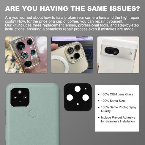 3 Pack for Pixel 5 Back Rear Camera Lens Glass Replacement, Back Camera Lens with Pre-Cut Tape Compatible with Pixel 5, Included Instruction Manual, Toolkit in Saudi Arabia