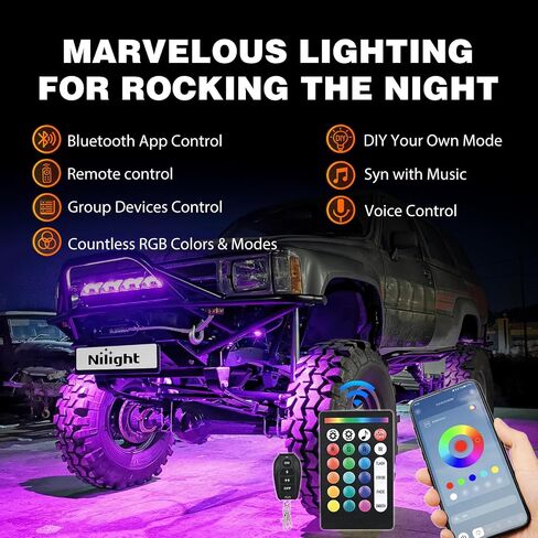 Nilight RGB LED Rock Lights Kit, 4 pods Underglow Multicolor Neon Light Pod with Bluetooth App Control Flashing Music Mode Wheel Well Light for Truck ATV UTV RZR SUV in Saudi Arabia