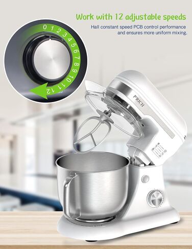 خلاط بحامل P'RICH، 5.3-QT 300W 12 سرعة، خلاط طعام برأس مائل، خلاط كهربائي للمطبخ مع واقي من الرذاذ، خطاف عجين، سوط سلكي ومضرب، مناسب لمعظم أفراد العائلة (YM609 أبيض) in Saudi Arabia