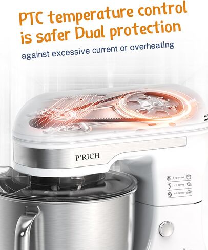 خلاط بحامل P'RICH، 5.3-QT 300W 12 سرعة، خلاط طعام برأس مائل، خلاط كهربائي للمطبخ مع واقي من الرذاذ، خطاف عجين، سوط سلكي ومضرب، مناسب لمعظم أفراد العائلة (YM609 أبيض) in Saudi Arabia