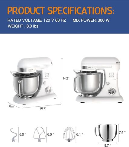 خلاط بحامل P'RICH، 5.3-QT 300W 12 سرعة، خلاط طعام برأس مائل، خلاط كهربائي للمطبخ مع واقي من الرذاذ، خطاف عجين، سوط سلكي ومضرب، مناسب لمعظم أفراد العائلة (YM609 أبيض) in Saudi Arabia
