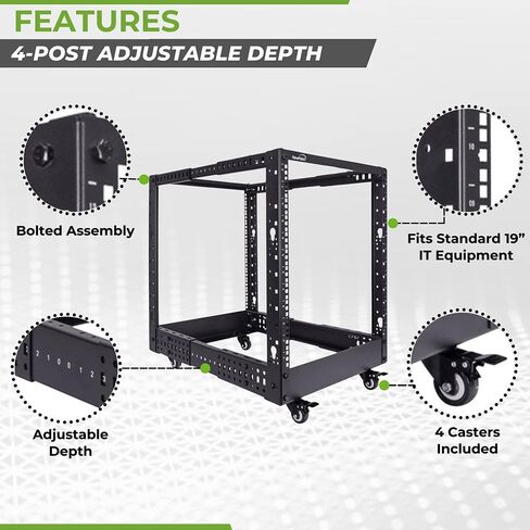 NavePoint 12U 4 Post Server Rack – Open Frame Rack for 19 Inch Equipment, Adjustable Depth 4-Post Network Rack with Casters Wheels, 12U Server Rack 1322lbs Capacity, Black in Saudi Arabia