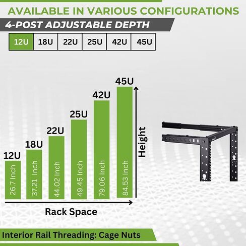 NavePoint 12U 4 Post Server Rack – Open Frame Rack for 19 Inch Equipment, Adjustable Depth 4-Post Network Rack with Casters Wheels, 12U Server Rack 1322lbs Capacity, Black in Saudi Arabia
