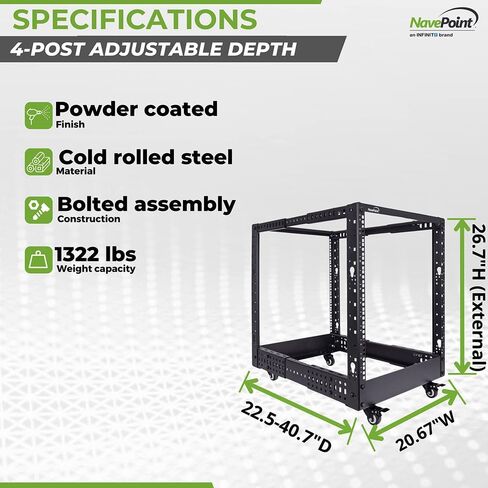 NavePoint 12U 4 Post Server Rack – Open Frame Rack for 19 Inch Equipment, Adjustable Depth 4-Post Network Rack with Casters Wheels, 12U Server Rack 1322lbs Capacity, Black in Saudi Arabia