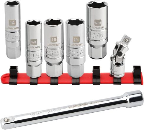 LLNDEI 3/8-Inch Drive Spark Plug Socket Set 7PCS, SAE & Metric, 5/8-inch, 3/4-inch, 13/16-inch, 14mm, 18mm, CR-V Steel Mirror Finish Sockets with Rubber Retaining Rings, Universal Joint, Extension Bar in Saudi Arabia