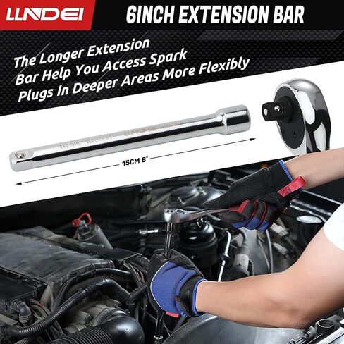 LLNDEI 3/8-Inch Drive Spark Plug Socket Set 7PCS, SAE & Metric, 5/8-inch, 3/4-inch, 13/16-inch, 14mm, 18mm, CR-V Steel Mirror Finish Sockets with Rubber Retaining Rings, Universal Joint, Extension Bar in Saudi Arabia