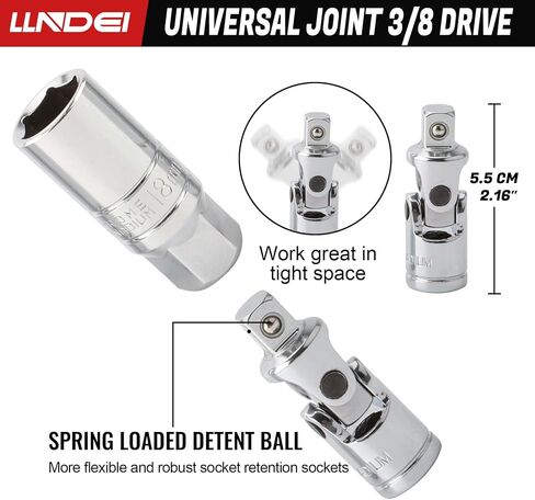 LLNDEI 3/8-Inch Drive Spark Plug Socket Set 7PCS, SAE & Metric, 5/8-inch, 3/4-inch, 13/16-inch, 14mm, 18mm, CR-V Steel Mirror Finish Sockets with Rubber Retaining Rings, Universal Joint, Extension Bar in Saudi Arabia
