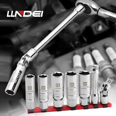 LLNDEI 3/8-Inch Drive Spark Plug Socket Set 7PCS, SAE & Metric, 5/8-inch, 3/4-inch, 13/16-inch, 14mm, 18mm, CR-V Steel Mirror Finish Sockets with Rubber Retaining Rings, Universal Joint, Extension Bar in Saudi Arabia