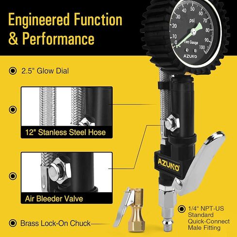 AZUNO Digital Tire Inflator with Pressure Gauge, 200 PSI, Heavy Duty Air Compressor Accessories, w/Rubber Hose Lock on Air Chuck and Quick Connect Coupler in Saudi Arabia