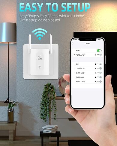 معزز إشارة موسع نطاق WiFi، مكرر WiFi مع هوائيين يغطي مساحة تصل إلى 9880 مترًا مربعًا. قدم مع منفذ إيثرنت للمنزل، موسع واي فاي بسرعات عالية وتغطية كاملة 360 درجة، إعداد سريع in Kuwait