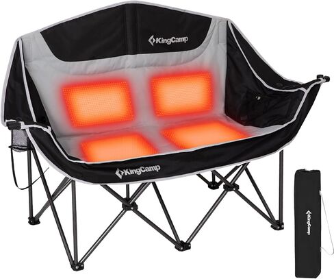 KingCamp Heated Double Camping Chair,Folding Heated Camping Chairs Loveseat Outdoor Sports, Heated Oversized Lawn Chairs for Adults,Heating Padded Chairs with 3 Heat Levels,Cup Holder,Black&Grey in Saudi Arabia
