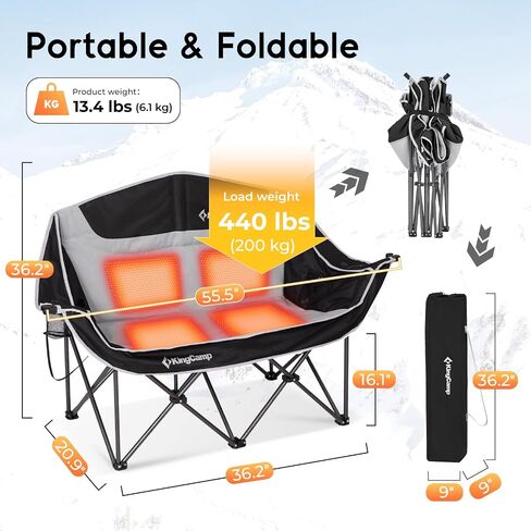 KingCamp Heated Double Camping Chair,Folding Heated Camping Chairs Loveseat Outdoor Sports, Heated Oversized Lawn Chairs for Adults,Heating Padded Chairs with 3 Heat Levels,Cup Holder,Black&Grey in Saudi Arabia