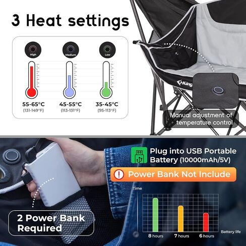 KingCamp Heated Double Camping Chair,Folding Heated Camping Chairs Loveseat Outdoor Sports, Heated Oversized Lawn Chairs for Adults,Heating Padded Chairs with 3 Heat Levels,Cup Holder,Black&Grey in Saudi Arabia