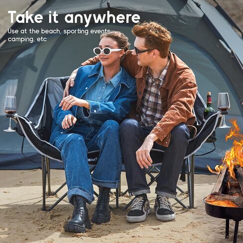 KingCamp Heated Double Camping Chair,Folding Heated Camping Chairs Loveseat Outdoor Sports, Heated Oversized Lawn Chairs for Adults,Heating Padded Chairs with 3 Heat Levels,Cup Holder,Black&Grey in Saudi Arabia