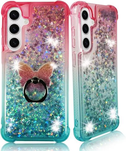 Zase Compatible with Samsung Galaxy S24 FE 5G (Fan Edition) Clear Phone Case Cute Liquid Glitter Floating 3D Butterflies Bling Protective Shockproof Cover w/Phone Ring Holder (Teal Mint Blue) in Kuwait