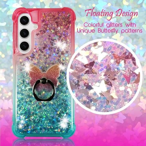 Zase Compatible with Samsung Galaxy S24 FE 5G (Fan Edition) Clear Phone Case Cute Liquid Glitter Floating 3D Butterflies Bling Protective Shockproof Cover w/Phone Ring Holder (Teal Mint Blue) in Kuwait