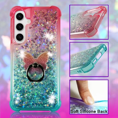 Zase Compatible with Samsung Galaxy S24 FE 5G (Fan Edition) Clear Phone Case Cute Liquid Glitter Floating 3D Butterflies Bling Protective Shockproof Cover w/Phone Ring Holder (Teal Mint Blue) in Kuwait