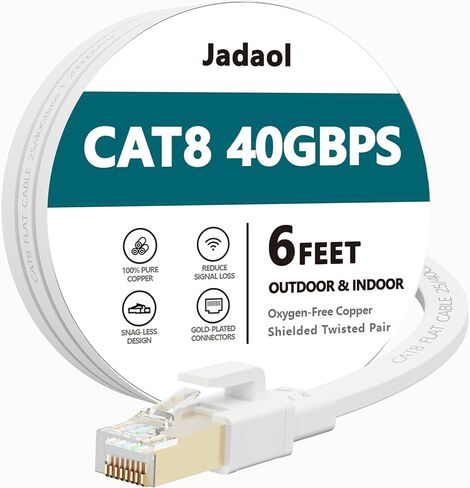 Jadaol Cat 8 Ethernet Cable 30 ft, 40Gbps 2000MHz Flat RJ45 S/FTP LAN Patch Cable, High-Speed Cat8 Network Cable for Router, Modem, Switch, Gaming Consoles, PC, Home Network & Streaming Devices, White in Kuwait