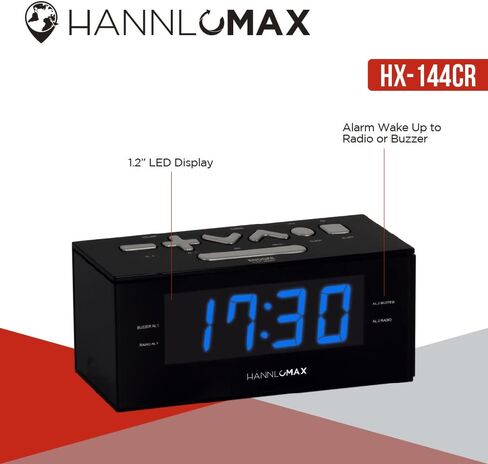 HANNLOMAX HX-144CR Alarm Clock Radio, PLL AM/FM Radio, 1.2" Red LED Display, Digital Clock with Dual Alarm in Kuwait
