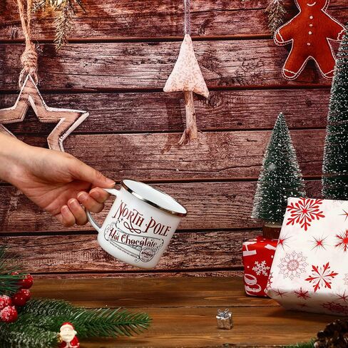Yaomiao North Pole Hot Chocolate Mug أكواب قهوة عيد الميلاد هدايا عيد الميلاد سانتا عيد الميلاد أكواب المينا مع مقبض كوب من الفولاذ المقاوم للصدأ للنساء والرجال الموظفين (6 قطع، مينا) in Kuwait