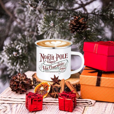 Yaomiao North Pole Hot Chocolate Mug أكواب قهوة عيد الميلاد هدايا عيد الميلاد سانتا عيد الميلاد أكواب المينا مع مقبض كوب من الفولاذ المقاوم للصدأ للنساء والرجال الموظفين (6 قطع، مينا) in Kuwait