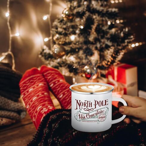 Yaomiao North Pole Hot Chocolate Mug أكواب قهوة عيد الميلاد هدايا عيد الميلاد سانتا عيد الميلاد أكواب المينا مع مقبض كوب من الفولاذ المقاوم للصدأ للنساء والرجال الموظفين (6 قطع، مينا) in Kuwait