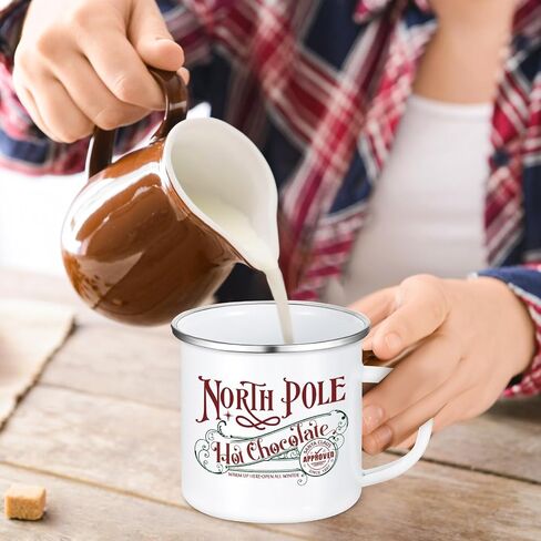 Yaomiao North Pole Hot Chocolate Mug أكواب قهوة عيد الميلاد هدايا عيد الميلاد سانتا عيد الميلاد أكواب المينا مع مقبض كوب من الفولاذ المقاوم للصدأ للنساء والرجال الموظفين (6 قطع، مينا) in Kuwait