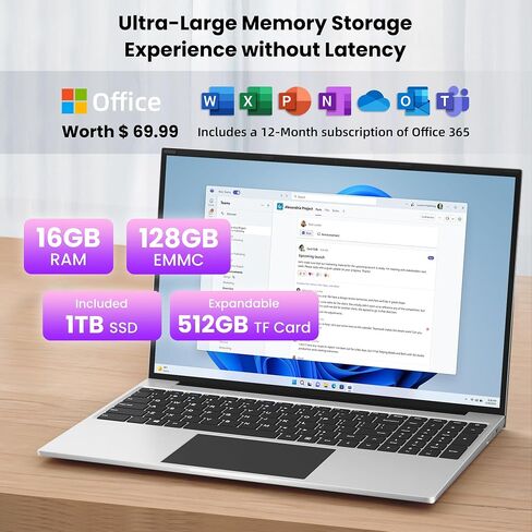 كمبيوتر محمول Jumper مع وحدة المعالجة المركزية Celeron N5095، Office 365 سنة واحدة، ذاكرة الوصول العشوائي 16 جيجابايت 128 جيجابايت EMMC، 1 تيرابايت SSD، كمبيوتر محمول مع شاشة FHD IPS 1920x1200، بطارية 38WH، 2.4G+5G WiFi، BT4.0، HDMI، أجهزة كمبيوتر محمولة  in Kuwait