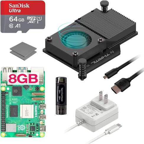 مجموعة الأرجون PWR GaN Raspberry Pi 5 | Raspberry Pi 5 8GB Kit/Pi 5 Board (8GB) / 27W PWR GAN Raspberry Pi 5 Power Supply/Pi 5 Active Cooler / بطاقة SD 64GB / 2 كابل Micro HDMI in Saudi Arabia