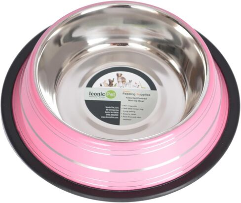 Iconic Pet Color Splash Stripe Non-Skid Stainless Steel Dog & Cat Bowl - Pink, 64 Oz, 8 Cup, Durable, Easy to Clean, Anti-Slip Feeding Dish for Food & Water, Stylish Design for Dogs and Cats in Saudi Arabia