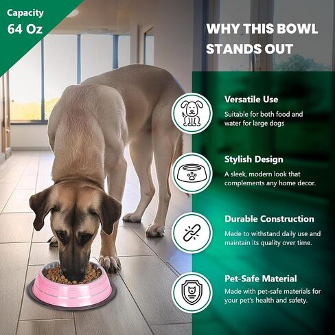 Iconic Pet Color Splash Stripe Non-Skid Stainless Steel Dog & Cat Bowl - Pink, 64 Oz, 8 Cup, Durable, Easy to Clean, Anti-Slip Feeding Dish for Food & Water, Stylish Design for Dogs and Cats in Saudi Arabia