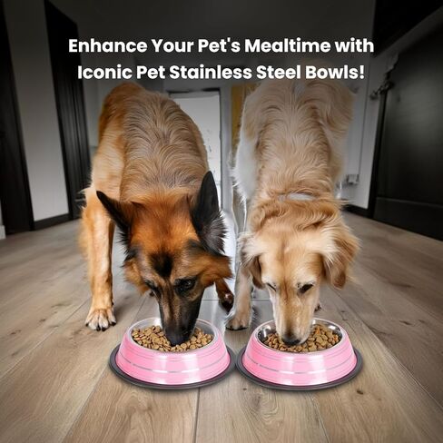 Iconic Pet Color Splash Stripe Non-Skid Stainless Steel Dog & Cat Bowl - Pink, 64 Oz, 8 Cup, Durable, Easy to Clean, Anti-Slip Feeding Dish for Food & Water, Stylish Design for Dogs and Cats in Saudi Arabia