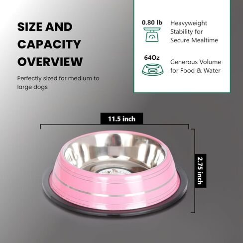 Iconic Pet Color Splash Stripe Non-Skid Stainless Steel Dog & Cat Bowl - Pink, 64 Oz, 8 Cup, Durable, Easy to Clean, Anti-Slip Feeding Dish for Food & Water, Stylish Design for Dogs and Cats in Saudi Arabia