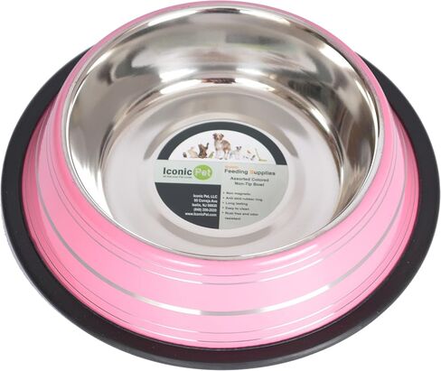 Iconic Pet Color Splash Stripe Non-Skid Stainless Steel Dog & Cat Bowl - Pink, 64 Oz, 8 Cup, Durable, Easy to Clean, Anti-Slip Feeding Dish for Food & Water, Stylish Design for Dogs and Cats in Saudi Arabia