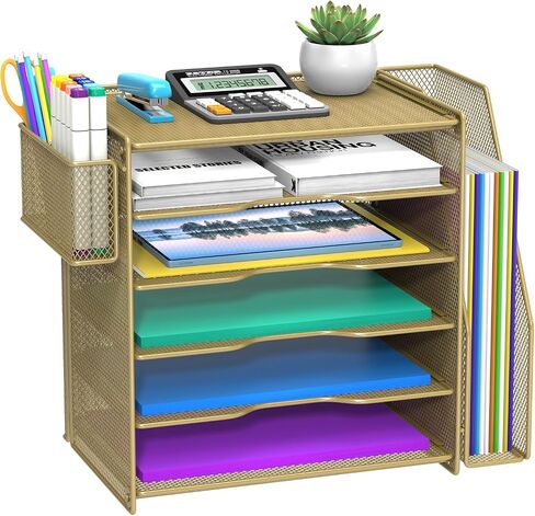 Samstar Mesh Desk Organizer, Paper Letter Tray with 5 Tier Racks Shelves,1 Extra Vertical File Sorter and Pen Holders for Office Supplies,Black in Saudi Arabia