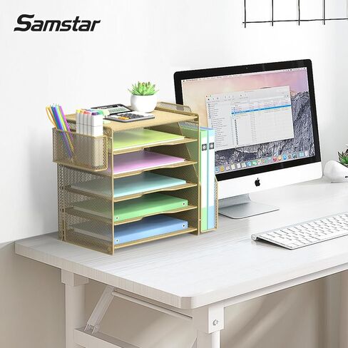 Samstar Mesh Desk Organizer, Paper Letter Tray with 5 Tier Racks Shelves,1 Extra Vertical File Sorter and Pen Holders for Office Supplies,Black in Saudi Arabia