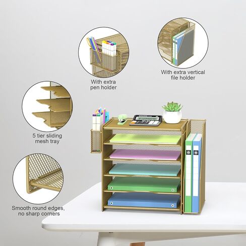Samstar Mesh Desk Organizer, Paper Letter Tray with 5 Tier Racks Shelves,1 Extra Vertical File Sorter and Pen Holders for Office Supplies,Black in Saudi Arabia