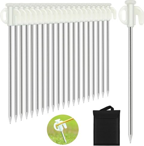 KOMCLUB 20PCS Tent Stakes Heavy Duty Tent Pegs Metal Tent Pegs Canopy Stakes Ground Stakes Spike Steaks for Outdoor Camping Tents Garden Canopies Grassland with Storage Bag in Kuwait