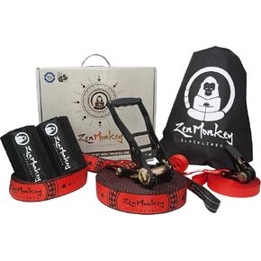 ZenMonkey Slackline Kit with Overhead Training Line, Arm Trainer, Tree Protectors, Cloth Carry Bag and Instructions, 60 Foot - Easy Setup for the Family, Kids and Adults