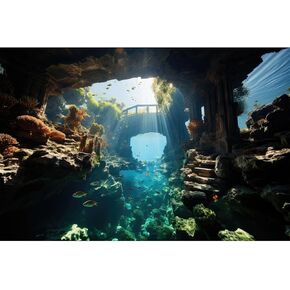 Aquarium Background Aquatic Stone Pillars Vibrant Fish Lively Coral Reef Terrarium Backdrop Deep Blue Sea Under Water World Fish Tank Background Rock Sunlight Rays Wallpaper Vinyl 30x18in