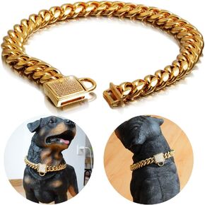 Gold Cuban Chain Dog Collar Solid Stainless Steel Link Chain Thick Pet Collar Cool Zirconia Lock Small Medium Large Dogs Collar (18"(for 15.6-17.5" Dog's Neck))