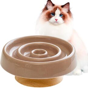 VEEKI Slow Feeder Cat Bowl, Ceramic Elevated Whisker Friendly Ergonomic Anti Vomiting Cat Food Dish with Wooden Stand, Cat Dog Feeder for Healthy Eating Diet (Brown)