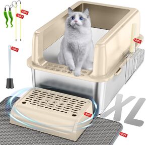 Stainless Steel Litter Box-[9-in-1 Starter Set] [Odorless] Extra Large Metal Litter Box High Sided Cat Litter Box with Lid, XL Enclosed Litter Box for Big Cats Non-Sticky Anti-Leakage Easy Clean(Gray)